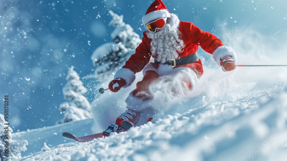 Fototapeta premium Santa Claus Skiing Down a Snowy Mountain
