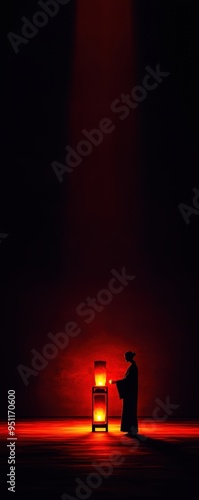 Silhouette of a person standing by illuminated red light in a dark room, creating a dramatic and mysterious atmosphere.