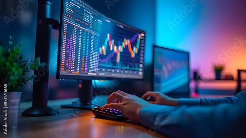 Stock Broker, trader Analyzes Candlestick Chart on Laptop, Seeking Investment Opportunities, Stock Market Analysis, Investment Strategy, background blurred	