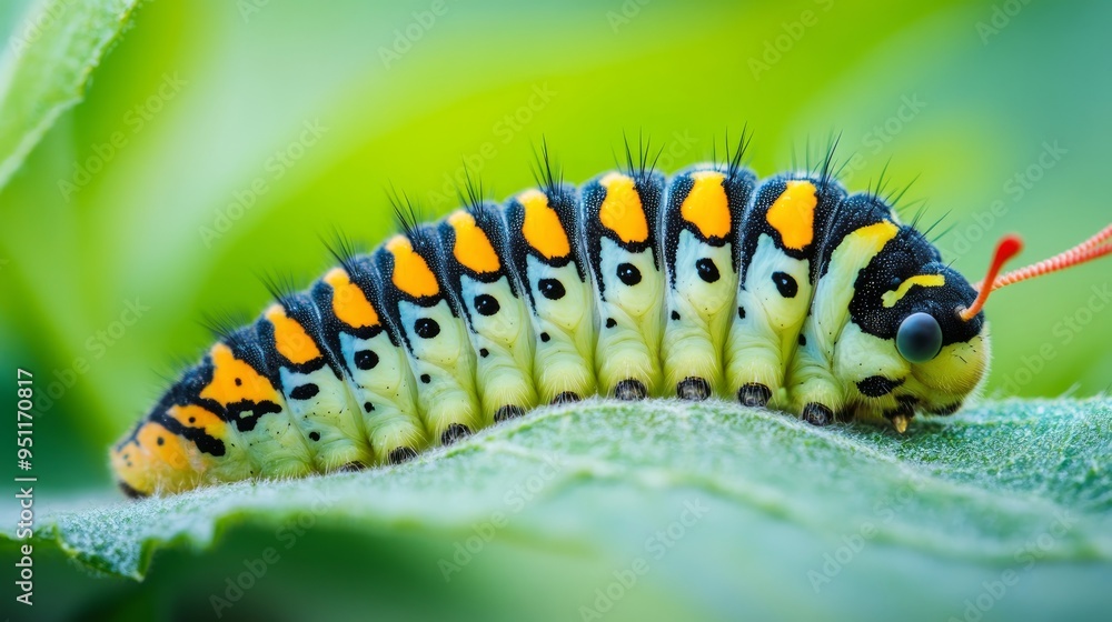 Close up beautiful Сaterpillar of swallowtail Monarch butterfly from caterpillar