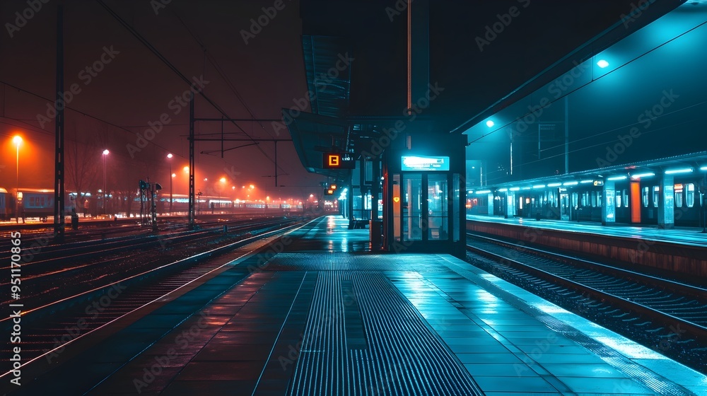 Illuminated Train Station at Night Preparing for the Next Journey