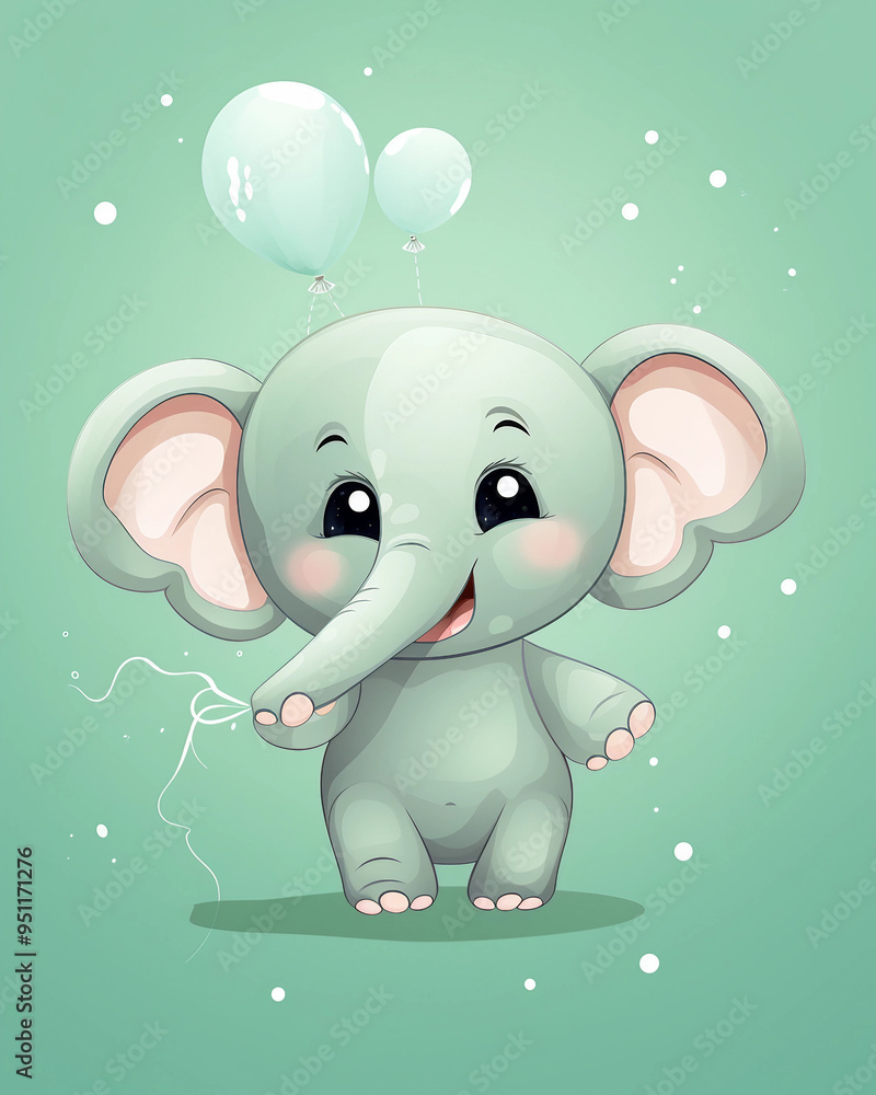 A cartoon elephant is holding two balloons in its trunk A cartoon elephant is holding two balloons in its trunk