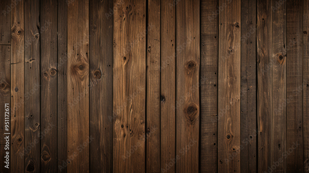 Fototapeta premium Fond de planche de bois marron foncé, papier peint. Vieux fond en bois texturé foncé grunge, la surface de la vieille texture de bois brun, vue de dessus lambris en bois de pin brun. 