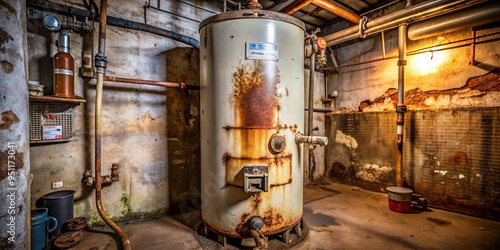 Rusty old water heater showing signs of corrosion and decay in a dimly lit cluttered basement setting