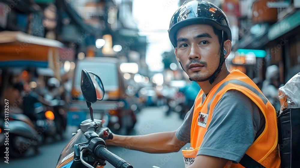 Fototapeta premium Motorcycle Taxi Driver Waiting for Passengers at Busy Bangkok Street Corner