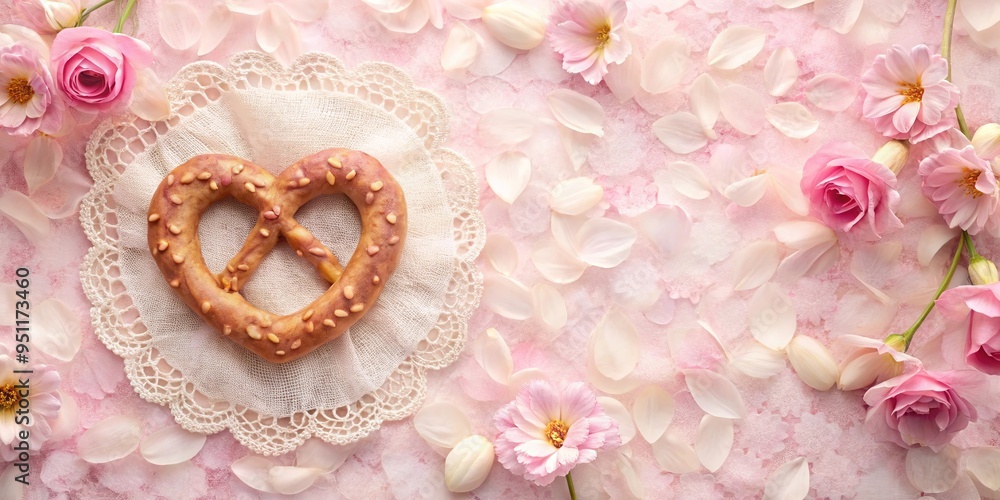 Soft pastel pink petals with delicate lace and heart-shaped pretzel, symbolizing love and affection Soft pastel pink petals with delicate lace and heart-shaped pretzel, symbolizing love and affection