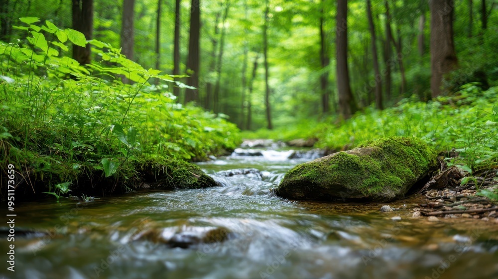 Secluded forest glade with a bubbling brook, dappled sunlight, no people, Labor Day, nature s calm Secluded forest glade with a bubbling brook, dappled sunlight, no people, Labor Day, nature s calm