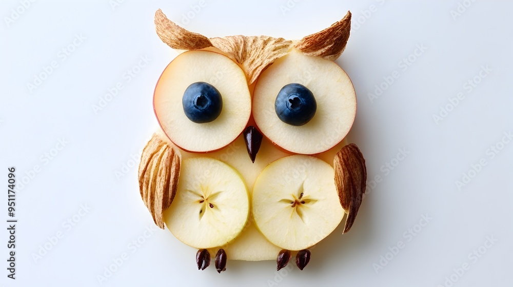 Owl Crafted from Apple Slices with Blueberry Accents on White Background Owl Crafted from Apple Slices with Blueberry Accents on White Background