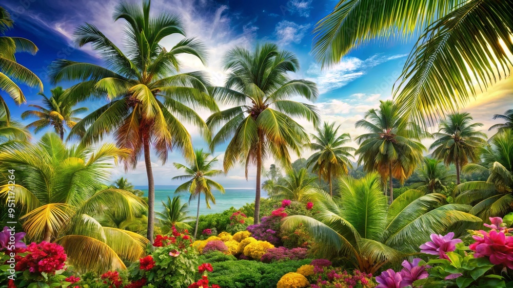 Tropical paradise with vibrant palm trees, lush greenery, exotic flowers in every color of the rainbow Tropical paradise with vibrant palm trees, lush greenery, exotic flowers in every color of the rainbow