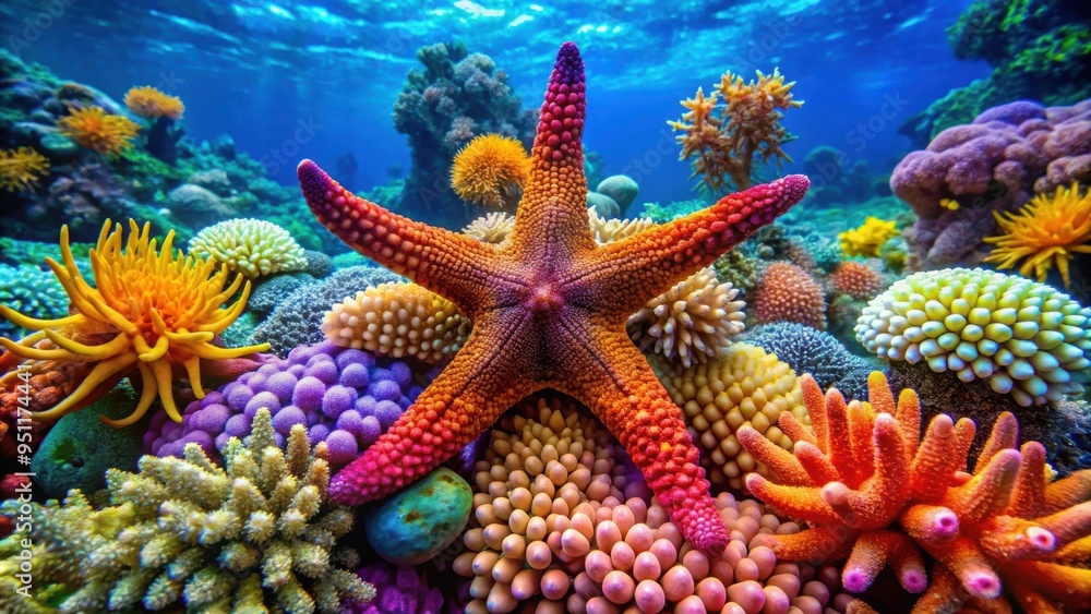 Vibrant image of a starfish surrounded by colorful coral reef scenery, marine life, underwater, ocean Vibrant image of a starfish surrounded by colorful coral reef scenery, marine life, underwater, ocean