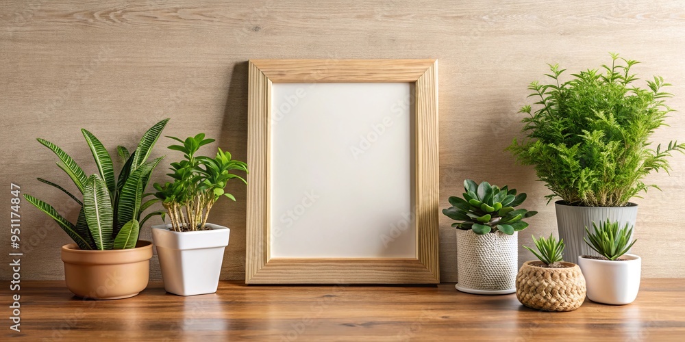 Fototapeta premium Picture frame and plant decor elements in a cozy room setting