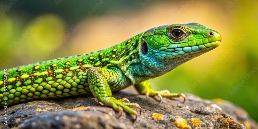 Juvenile Podarcis muralis lizard with vibrant green scales resting on a rock , reptile, wildlife Juvenile Podarcis muralis lizard with vibrant green scales resting on a rock , reptile, wildlife