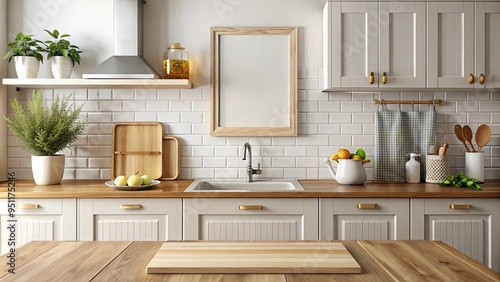 Kitchen counter with cutting board and picture frame above, cozy kitchen interior