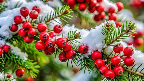 Close up of red berries on a snow-covered pine tree with green leaves