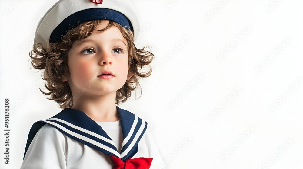 Sailor Inspired Child in Navy Uniform Against Clean White Background Sailor Inspired Child in Navy Uniform Against Clean White Background