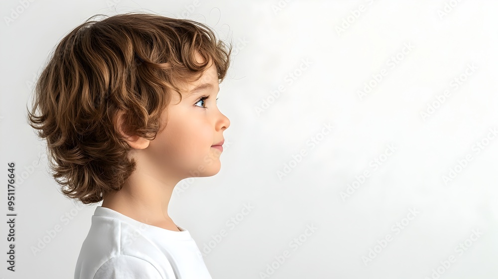 Serene Child Profile with Concealed Hands on White Background Serene Child Profile with Concealed Hands on White Background