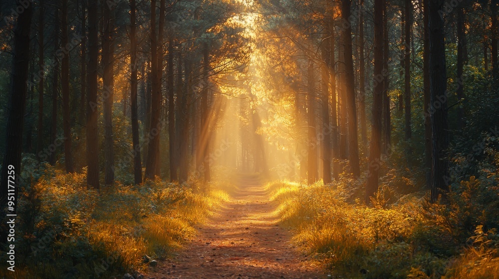 Fototapeta premium Forest pathway with tall trees, low angle, warm tones, light beams, peaceful solitude
