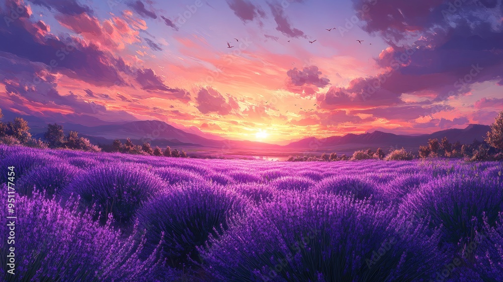 A field of lavender in full bloom at sunset, with the sky painted in soft pastels and the scent of flowers filling the air. A field of lavender in full bloom at sunset, with the sky painted in soft pastels and the scent of flowers filling the air.