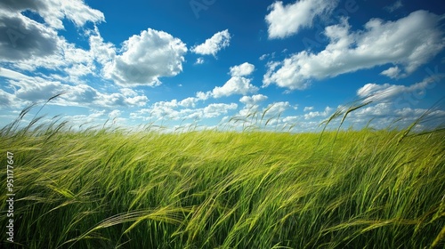 A field of tall grass bending in the wind, with the sky in the background, perfect for natural and dynamic designs with ample copy space.