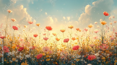 A field of wildflowers at dusk, with the last light of day casting a warm glow over the scene, perfect for themes of nature and tranquility with space for text. photo