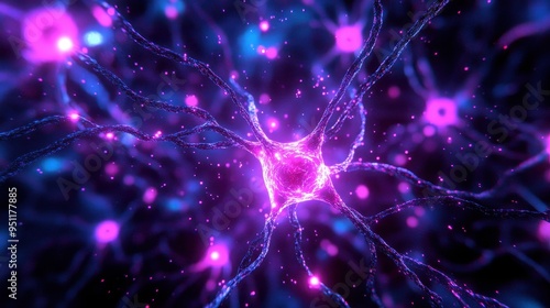Wallpaper Mural Abstract Neuron Cell with Glowing Purple and Blue Lights. Torontodigital.ca