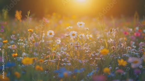 A field of wildflowers at dusk, with the last light of day casting a warm glow over the scene, perfect for themes of nature and tranquility with space for text. photo