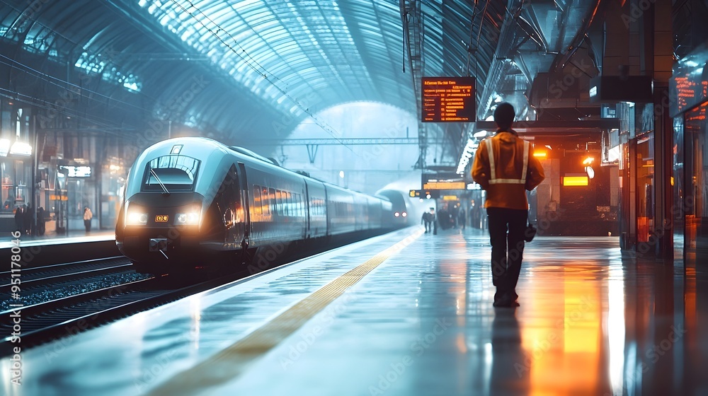 Station Worker Directing Passengers as Train Arrives on Platform Station Worker Directing Passengers as Train Arrives on Platform