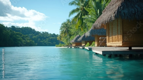 Traditional wooden houses floating on a tropical lagoon.