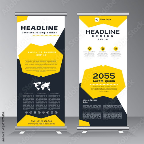 Abstract roll up banner template, vertical banner stand template design. vector banner with geometric background for advertising, new banner design element with yellow colour