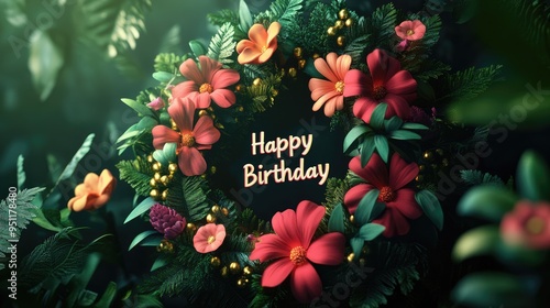 A floral wreath with "Happy Birthday" banner in the center. Ample copy space around for a message.