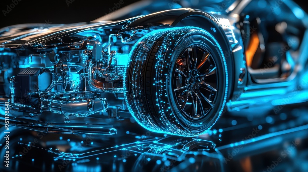 Futuristic Car Engine with Blue Glowing Lines and Abstract Details. Futuristic Car Engine with Blue Glowing Lines and Abstract Details.