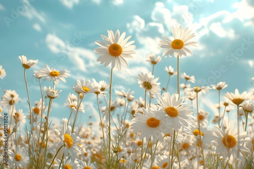 Idyllic Summer Landscape with Meadow of Blooming White Daisies Against Blue Sky photo