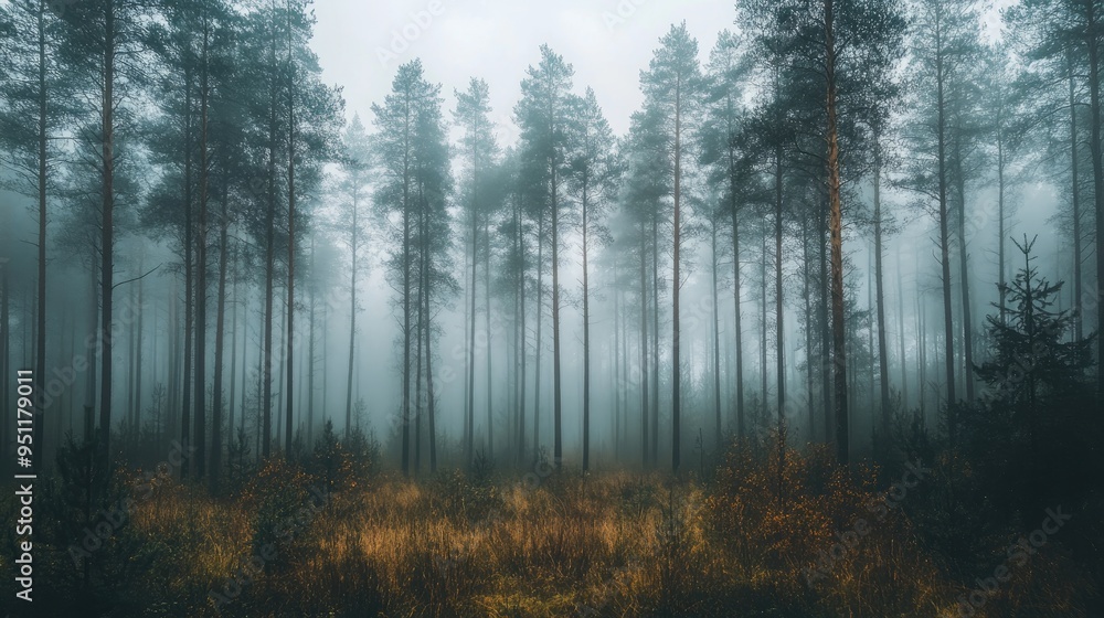 A foggy forest with tall, dark trees standing close together, creating an eerie yet beautiful atmosphere. A foggy forest with tall, dark trees standing close together, creating an eerie yet beautiful atmosphere.