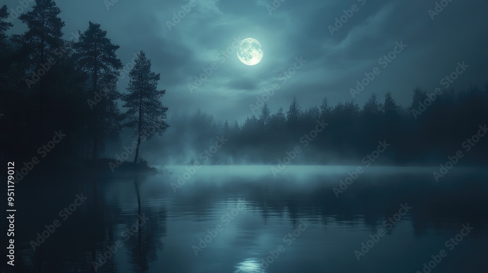 Fototapeta premium A foggy lake at night, with the mist rising from the water and the faint outline of trees in the distance under a full moon.