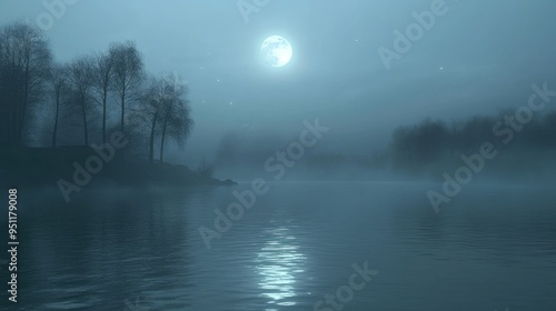 A foggy lake at night, with the mist rising from the water and the faint outline of trees in the distance under a full moon.