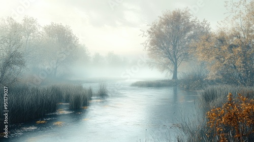 A foggy morning by a river, with tall grasses and trees barely visible through the mist.