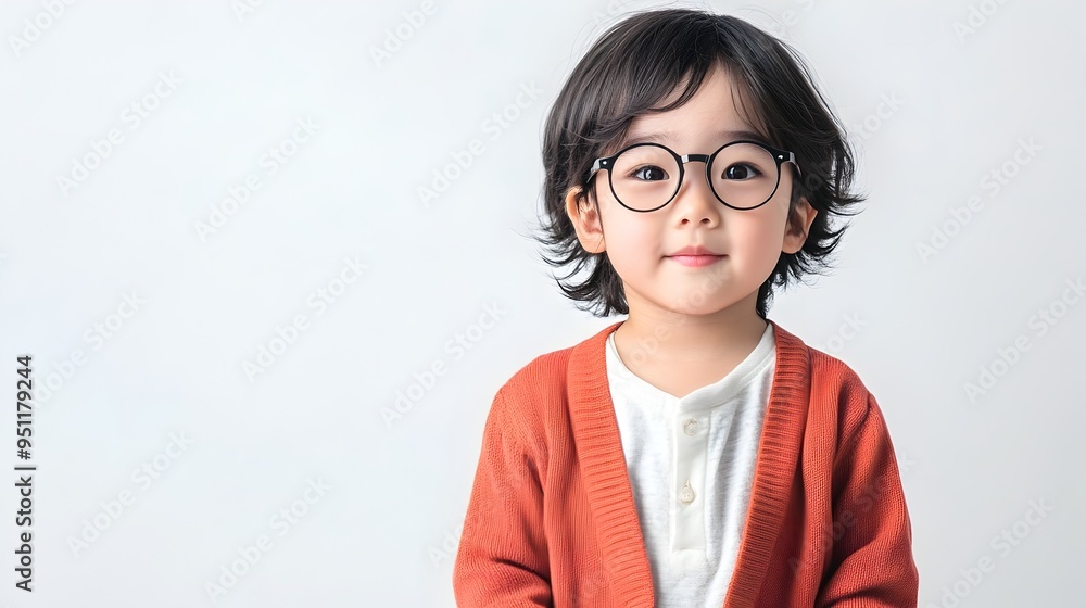 Thoughtful Asian Child in Librarian Cardigan on White Background Thoughtful Asian Child in Librarian Cardigan on White Background