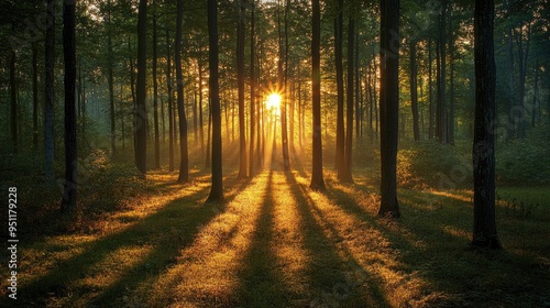 A forest at dusk, with the last light of the day casting long shadows between the trees and creating a tranquil scene.