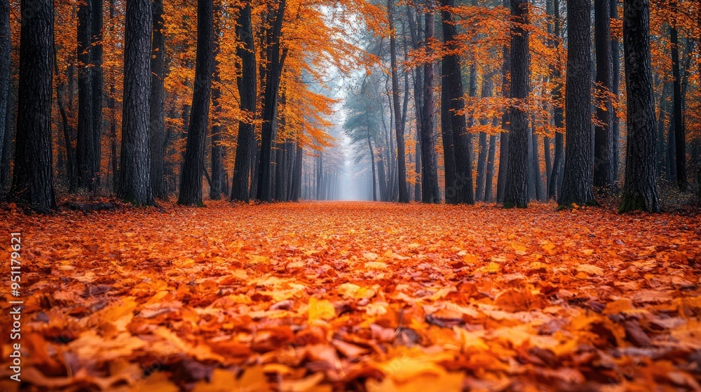 A forest in autumn, with the trees displaying vibrant orange and yellow leaves, carpeting the forest floor. A forest in autumn, with the trees displaying vibrant orange and yellow leaves, carpeting the forest floor.
