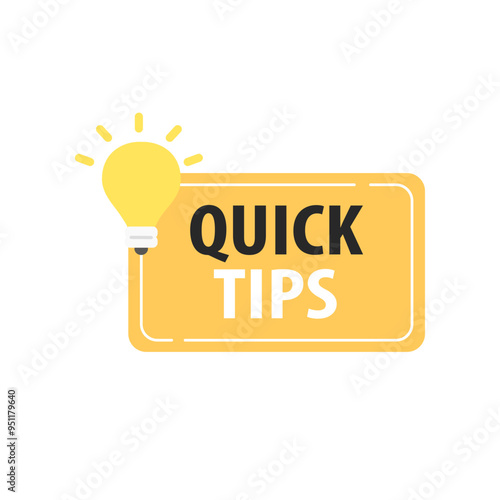 Quick tips light bulb label banner. Helpful information, idea, brainstorm, solution, suggestion, fact, advice concepts. Flat modern vector design illustration isolated on background.