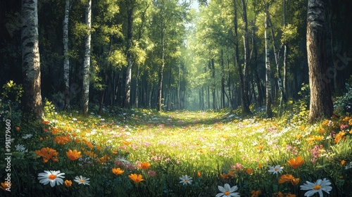A forest in spring, with new leaves on the trees and wildflowers blooming on the forest floor, creating a fresh and vibrant scene.