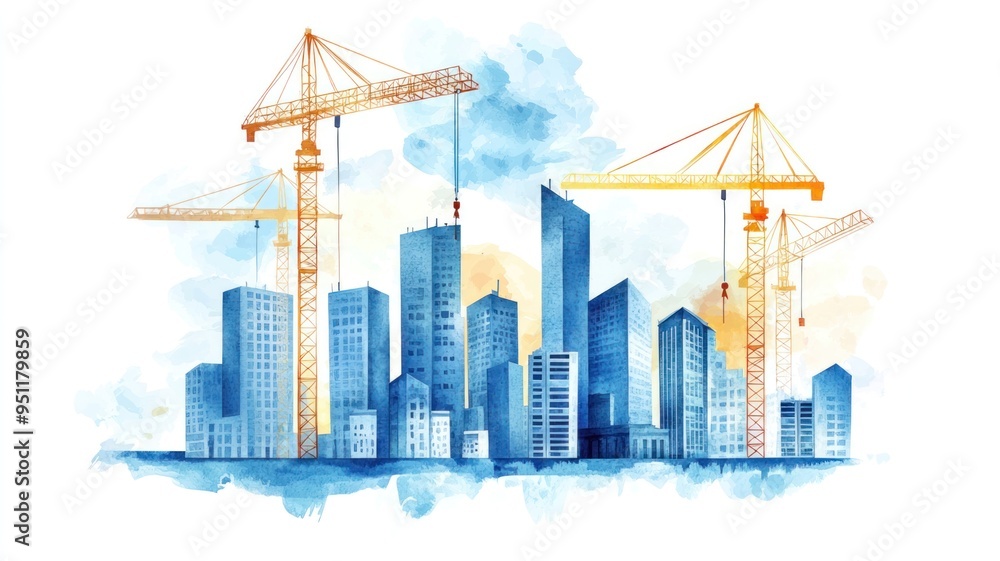 Obraz premium Modern city skyline, cranes and skyscrapers, watercolor style