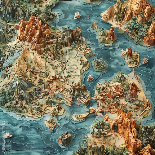 A detailed, handcrafted map of a fictional land with mountains, forests, rivers, and islands.