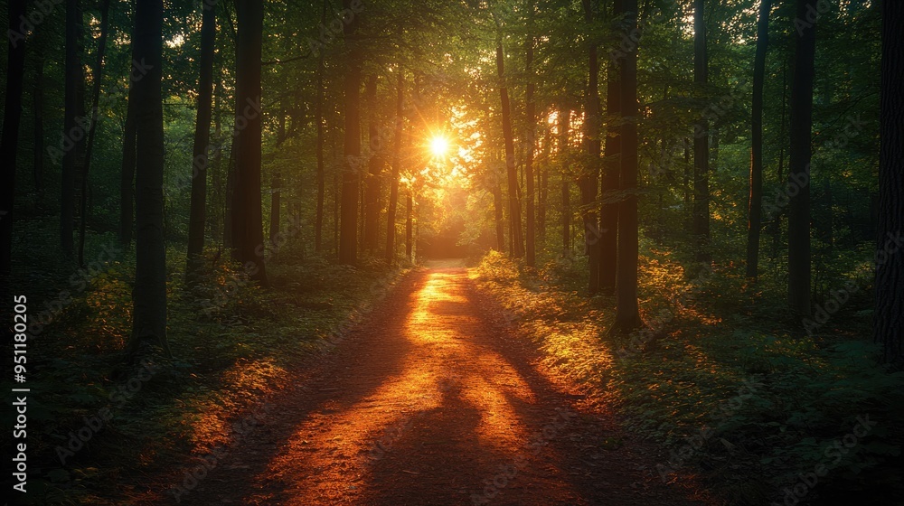 Obraz premium A forest path at dusk, with trees casting long shadows and the sky transitioning to night, ideal for themes of adventure and exploration with space for text.