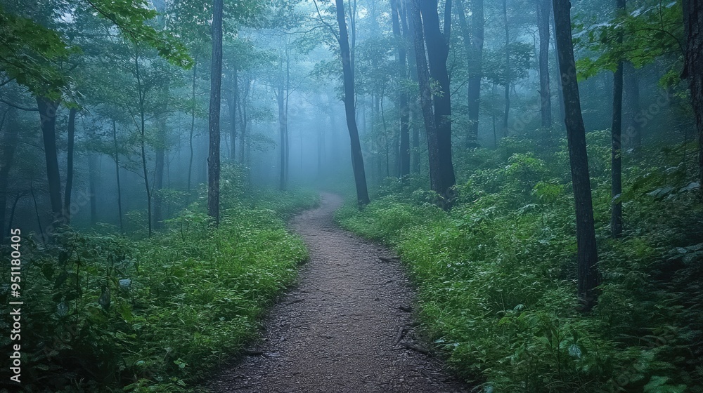 A forest trail disappearing into the mist, with only the closest trees and undergrowth visible, creating a sense of mystery. A forest trail disappearing into the mist, with only the closest trees and undergrowth visible, creating a sense of mystery.