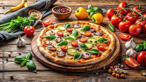 Wallpaper Mural Freshly baked pizza with assorted vegetables and toppings on a wooden table next to a cutting board Torontodigital.ca