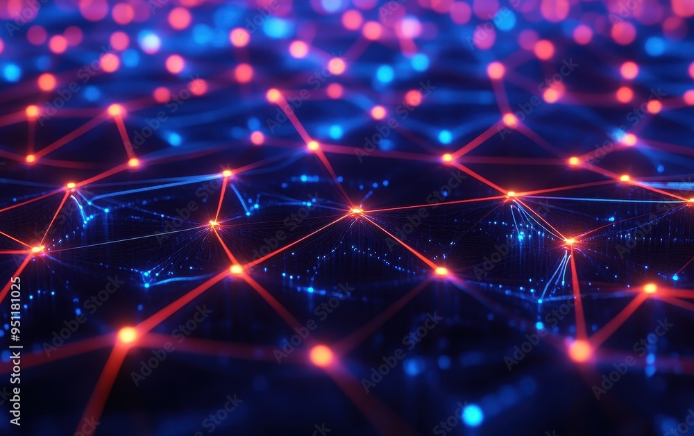 Obraz premium Abstract Red and Blue Network Connection with Glowing Lights and Bokeh Effect.