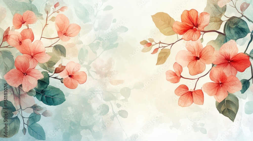 A fresh spring banner with a watercolor effect, showcasing flowers and leaves in soft tones, providing a serene and artistic background with room for text. A fresh spring banner with a watercolor effect, showcasing flowers and leaves in soft tones, providing a serene and artistic background with room for text.