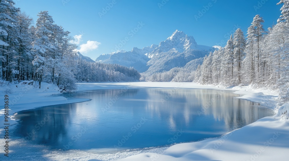A frozen lake in winter, with snow covered trees and mountains in the background, under a clear blue sky. A frozen lake in winter, with snow covered trees and mountains in the background, under a clear blue sky.