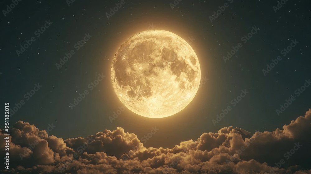 A full moon glowing brightly in the night sky, surrounded by faint stars and clouds, creating a serene and peaceful scene with ample copy space. A full moon glowing brightly in the night sky, surrounded by faint stars and clouds, creating a serene and peaceful scene with ample copy space.